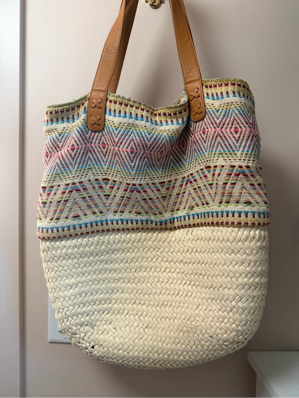 Canvas & Straw Multicolor Tote Bag with Tan Handles